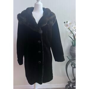 Women's Dark Brown Faux Fur Long Pea Coat Size Mob Wife Old Money Size M